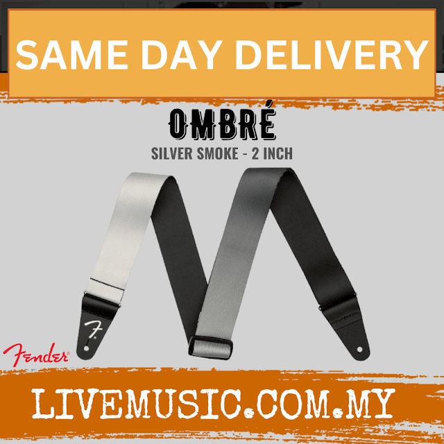 Silver-to-dark ombre 2-inch guitar strap with Fender logo and adjustable ends