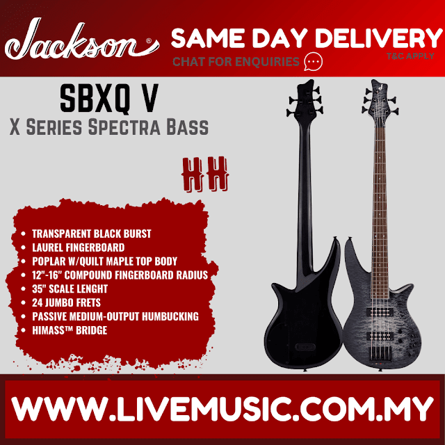 Jackson X Series Spectra Bass SBXQ V Electric Guitar, Laurel FB, Transparent Black Burst