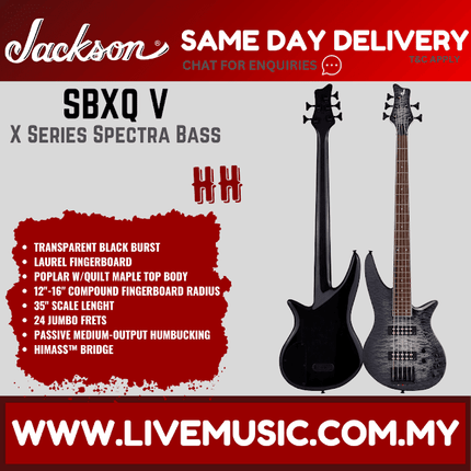 Jackson X Series Spectra Bass SBXQ V Electric Guitar, Laurel FB, Transparent Black Burst