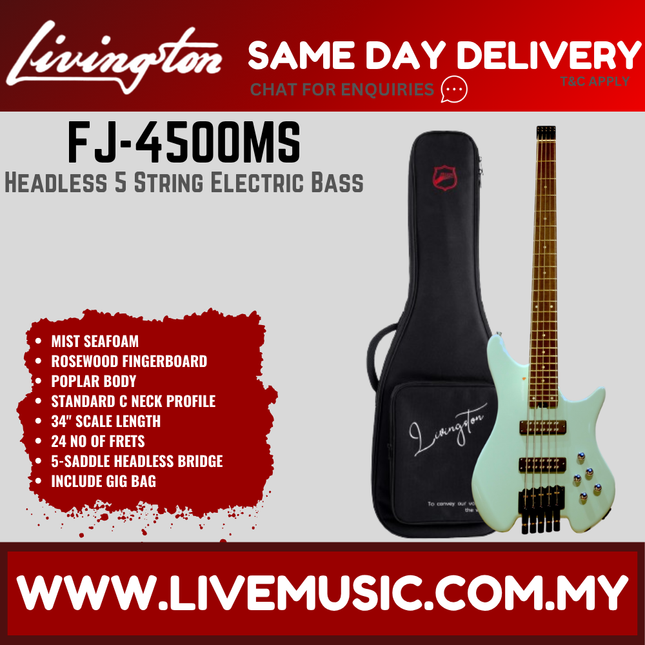 Mist seafoam headless 5-string electric bass with black hardware
