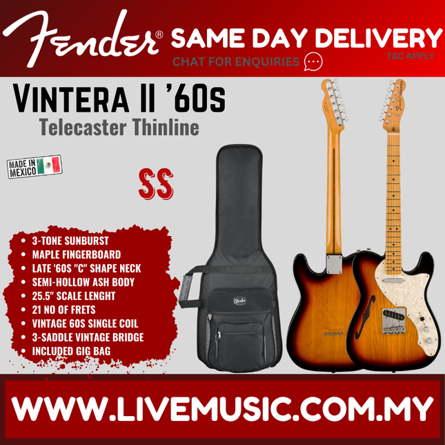 Fender Vintera II 60s Telecaster Thinline Electric Guitar, Maple FB, 3-Tone Sunburst