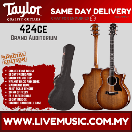 Taylor 424ce Special Edition Walnut/Walnut Acoustic Guitar w/Bag, Shaded Edge Burst