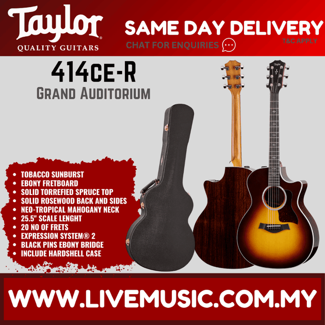Taylor 414ce-R Grand Auditorium Acoustic Guitar w/Case, Tobacco Sunburst Top