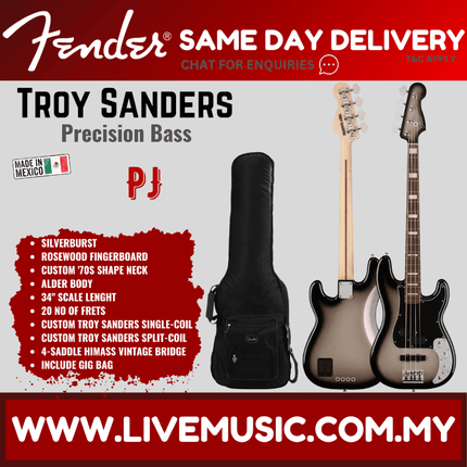 Fender Troy Sanders Precision Bass 4-String Guitar, RW FB, Silverburst