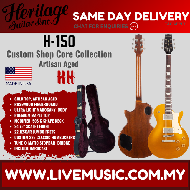 Heritage Custom Shop Core Collection H-150 Electric Guitar with Case, Gold Top, Artisan Aged ( H150 / H 150 )