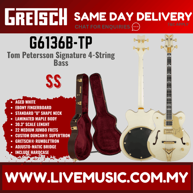 Gretsch G6136B-TP-AWT Petersson Signature Falcon 4-String Bass, Aged White Lacquer