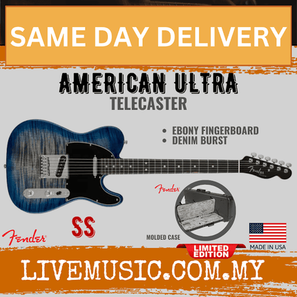 Fender American Ultra Limited Edition Telecaster Electric Guitar, Ebony FB, Denim Burst