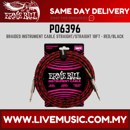 Ernie Ball 6396 Braided Straight to Straight Instrument Cable, Red Black, 18ft