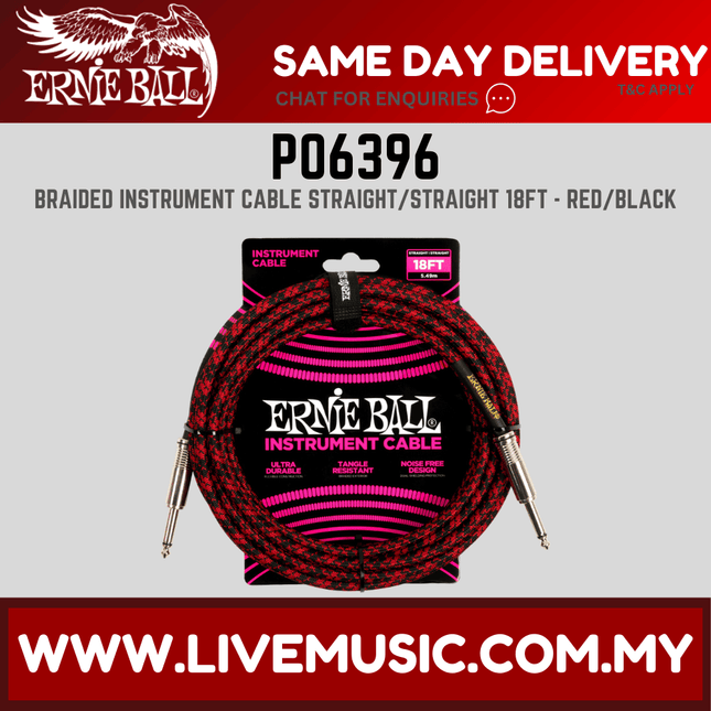 Ernie Ball 6396 Braided Straight to Straight Instrument Cable, Red Black, 18ft