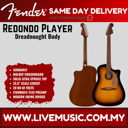 Fender California Redondo Player Acoustic Guitar, Walnut FB, Sunburst