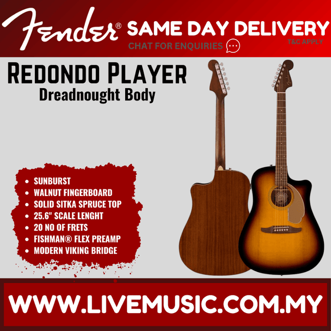 Fender California Redondo Player Acoustic Guitar, Walnut FB, Sunburst