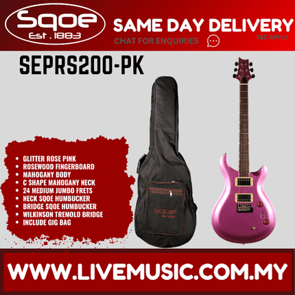 Sqoe SEPRS200 HH Mahogany Body Electric Guitar w/Gig Bag, Rosewood FB - Glitter Rose Pink ( SEPRS-200 / SEPRS 200 )