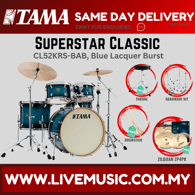 Tama Superstar Classic 5-piece drum set with cymbals, blue lacquer burst shells