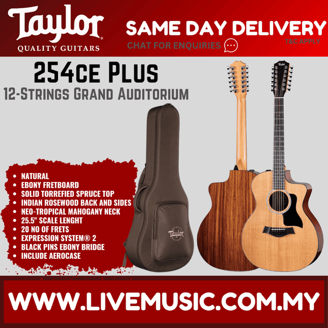 12-string acoustic-electric guitar with natural wood finish and Taylor headstock, with case