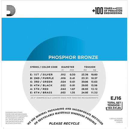 D'Addario EJ16 - Phosphor Bronze Acoustic Strings, Light (12-53)(DAddario)