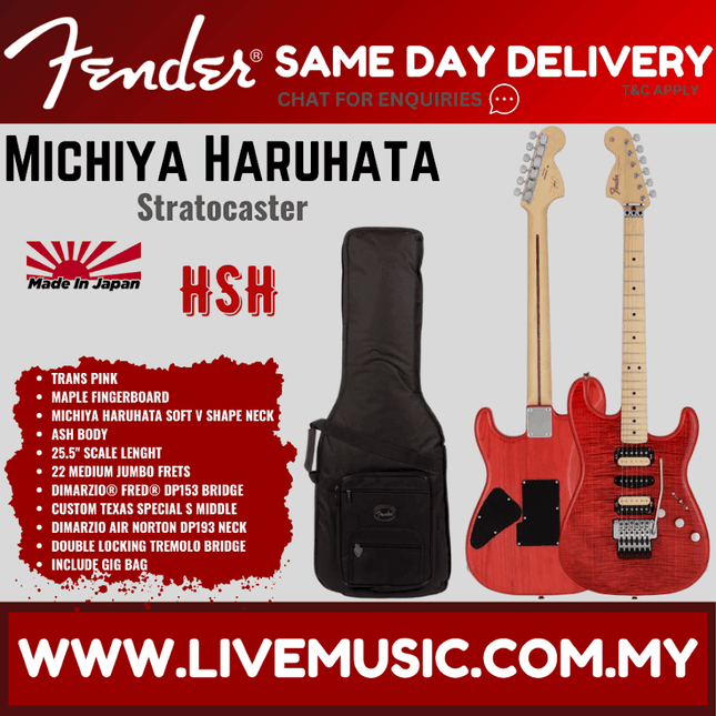 Fender Michiya Haruhata Stratocaster Electric Guitar, Maple FB, Trans Pink