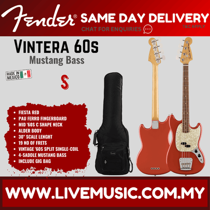 Fender Vintera 60s Mustang Bass Guitar, Pau Ferro Fretboard with Gig Bag - Fiesta Red