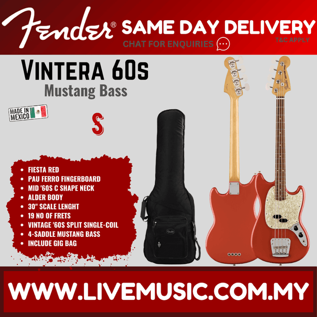 Fender Vintera 60s Mustang Bass Guitar, Pau Ferro Fretboard with Gig Bag - Fiesta Red