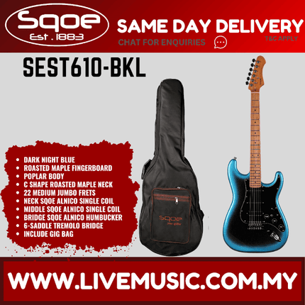 Sqoe SEST610 Stratocaster HSS Electric Guitar w/Gig Bag, Roasted Maple FB - Dark Night Blue ( SEIB-450 / SEIB 450 )