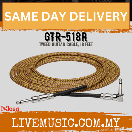 Hosa GTR-518R Straight to Right Angle Tweed Guitar Cable, 18 Feet (GTR518R/GTR 518R)
