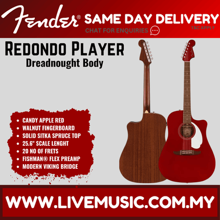 Fender California Redondo Player Slope-Shouldered Acoustic Guitar, Candy Apple Red