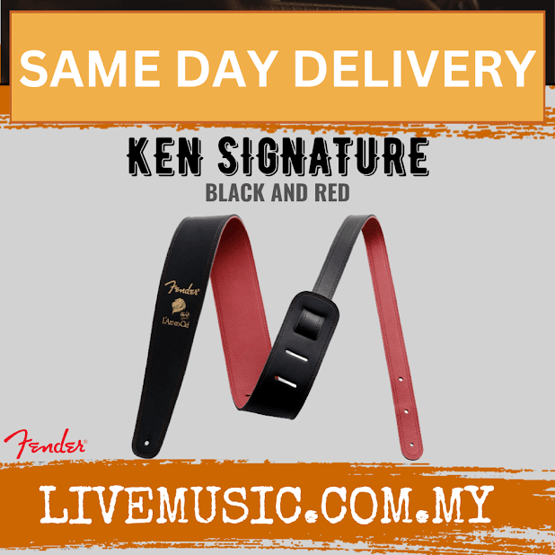 Fender Ken signature guitar strap in black with red panels and adjustable buckle