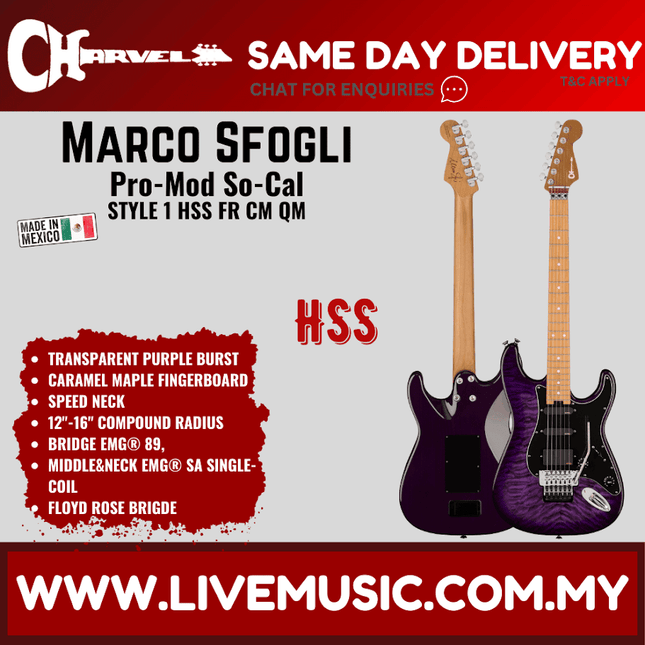 Charvel Marco Sfogli Signature Pro-Mod So-Cal Style 1 HSS FR Guitar, Transparent Purple Burst