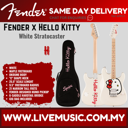 Squier by Fender Limited Edition Hello Kitty Stratocaster Electric Guitar, Maple FB, White