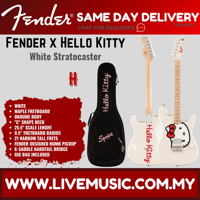 Squier by Fender Limited Edition Hello Kitty Stratocaster Electric Guitar, Maple FB, White