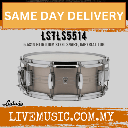 Ludwig LSTLS5514 5.5x14inch Heirloom Steel Snare Drum, Imperial Lug