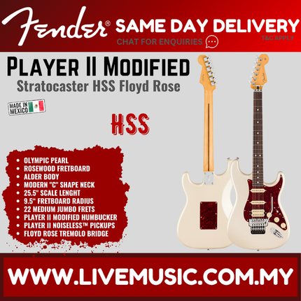 Fender Player II Modified Stratocaster HSS Floyd Rose Electric Guitar, RW FB, Olympic Pearl
