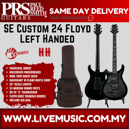 PRS SE Custom 24 Floyd Left-Handed Electric Guitar, Charcoal Burst