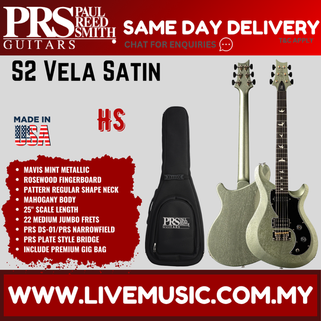 PRS S2 Vela Satin Electric Guitar, Mavis Mint Metallic