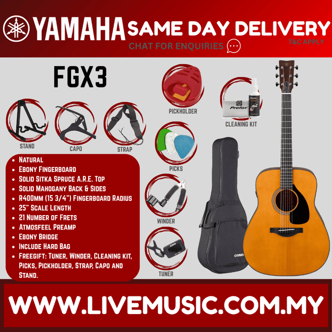 Yamaha Red Label FGX3 Acoustic-Electric Guitar with Hard Bag - Natural ( FGX-3 )