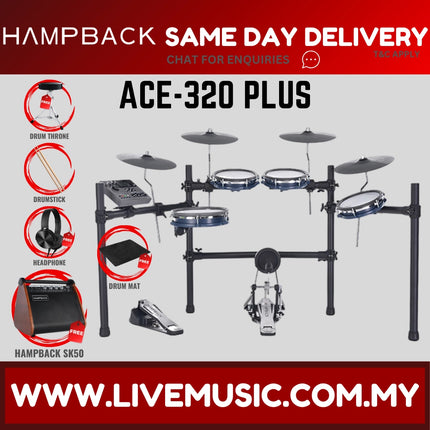Hampback ACE-320 PLUS Full Mesh Digital Drum Set w/Headphone, Drumstick And Drum Throne - ( ACE320 ACE 320 ACE320PLUS )