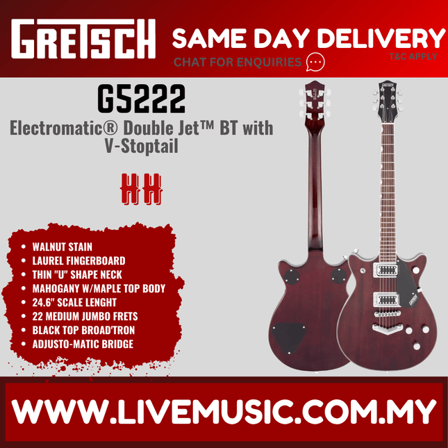 Gretsch G5222 Electromatic Double Jet BT Electric Guitar w/V-Stoptail, Laurel FB, Walnut Stain