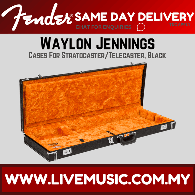 Black tooled leather guitar case with open lid and orange interior lining