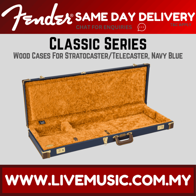 Fender Classic Series wood guitar case, navy blue exterior with orange padded interior