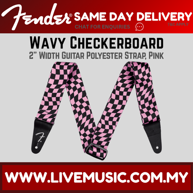 Fender wavy checkerboard guitar strap, pink with black ends and adjustable keeper