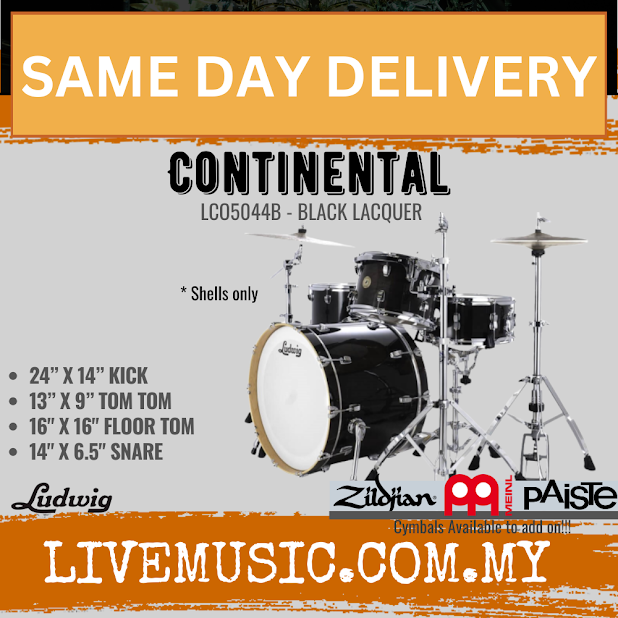 Ludwig LCO5044B Continental 4-Piece Drum Kit(24B+16F+13T+14S), Black Lacquer