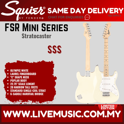 Squier FSR Mini Stratocaster Electric Guitar, Maple FB, Olympic White