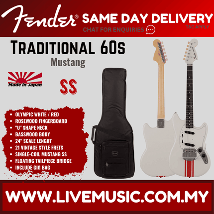 Fender Japan Traditional 60s Mustang Electric Guitar, RW FB, Olympic White / Red