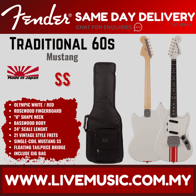 Olympic white Fender Mustang electric guitar with red trim and black gig bag