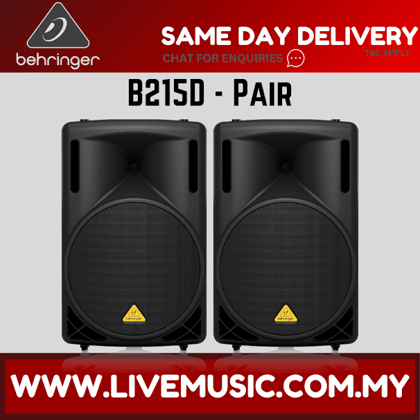 Pair of black 15-inch powered speakers with front grille and side handles