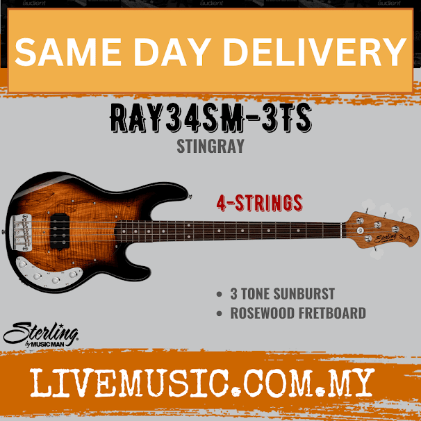 Sterling RAY34SM-3TS StingRay Ray34 Series Maple Top Electric Bass, 3 Tone Sunburst (RAY34 SM)