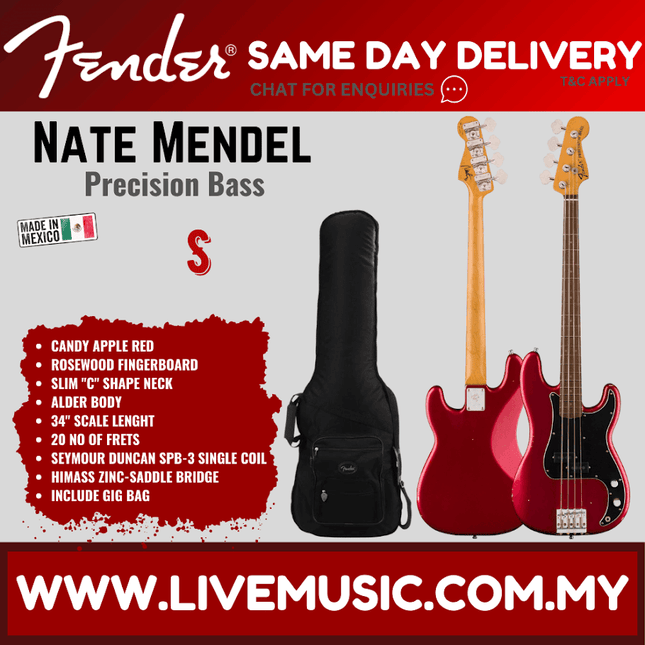 Fender Artist Nate Mendel Precision Bass, Rosewood Neck with Gig Bag - Candy Apple Red