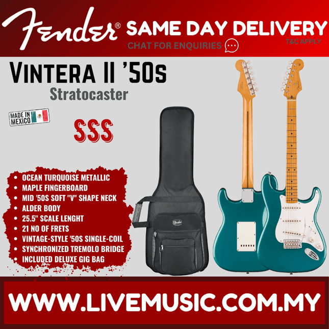 Fender Vintera II 50s Stratocaster Electric Guitar, Maple FB, Ocean Turquoise / 2-Tone Sunburst / Black