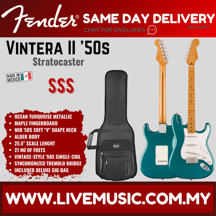 Fender Vintera II 50s Stratocaster Electric Guitar, Maple FB, Ocean Turquoise / 2-Tone Sunburst / Black