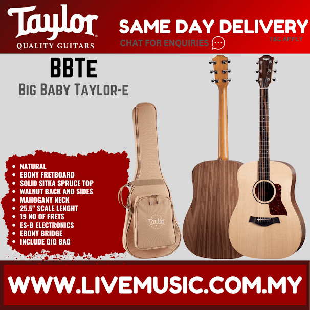 Natural Big Baby Taylor-e acoustic guitar with electronic and gig bag, front view