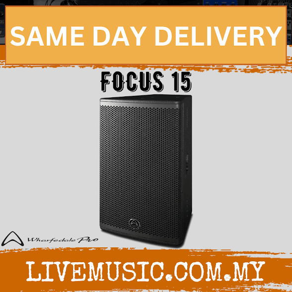 Black 15-inch passive 2-way loudspeaker cabinet, front side view